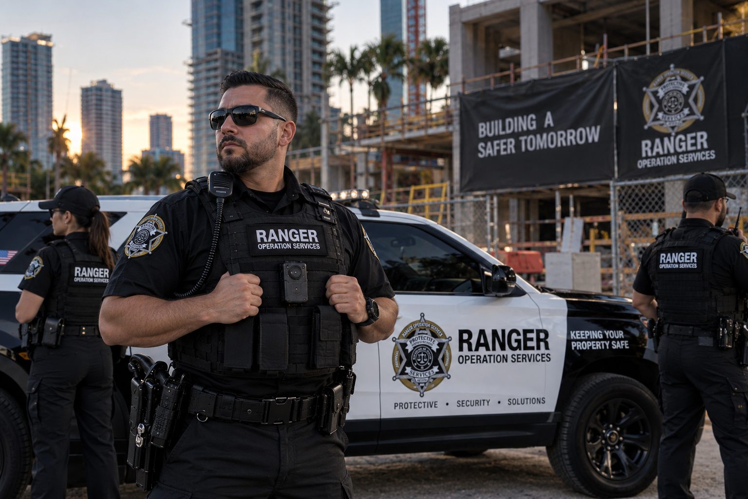 Ranger Operation Services armed officers and patrol vehicle at a Florida construction site