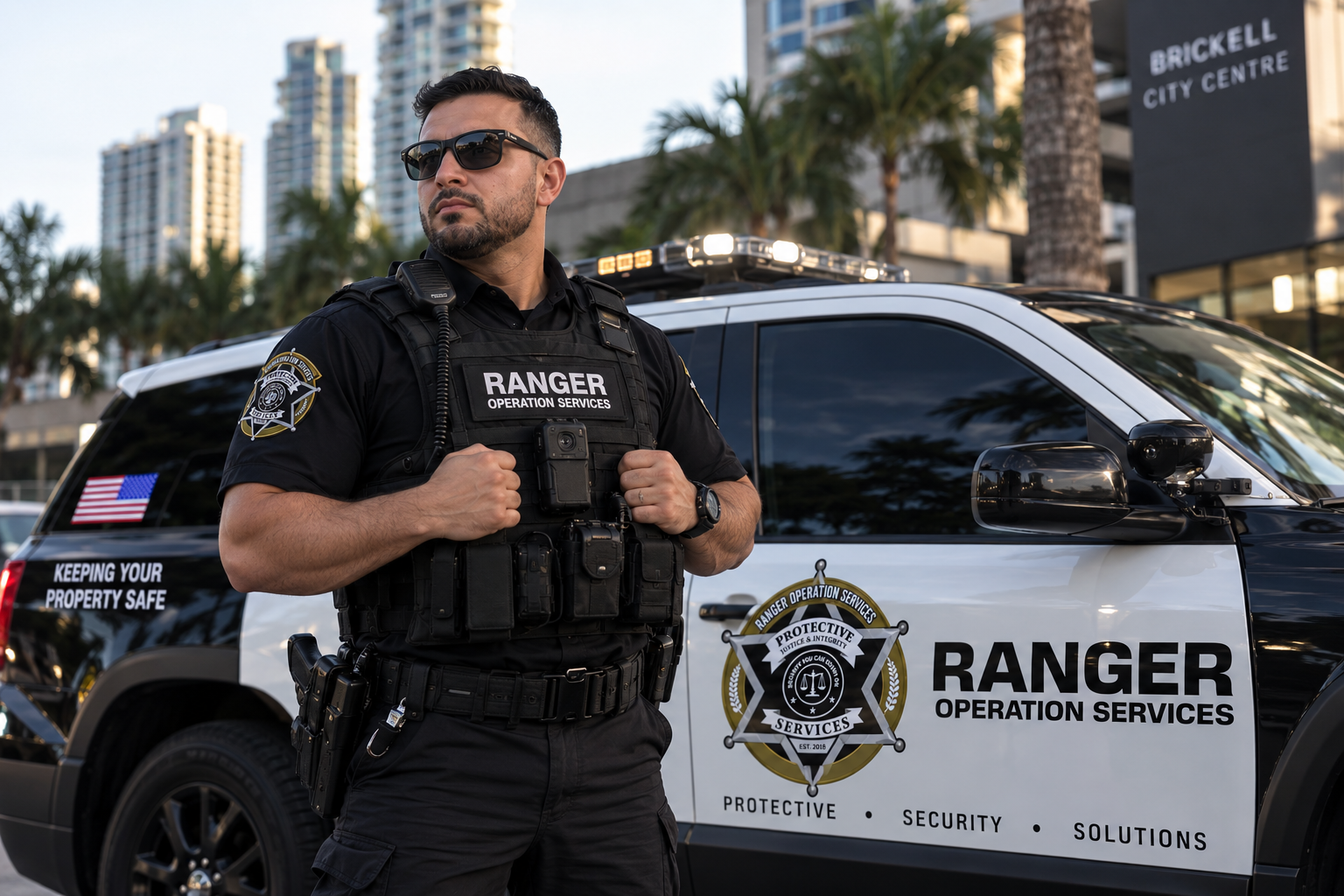 Ranger Operation Services armed officer standing by a marked patrol vehicle in downtown Miami